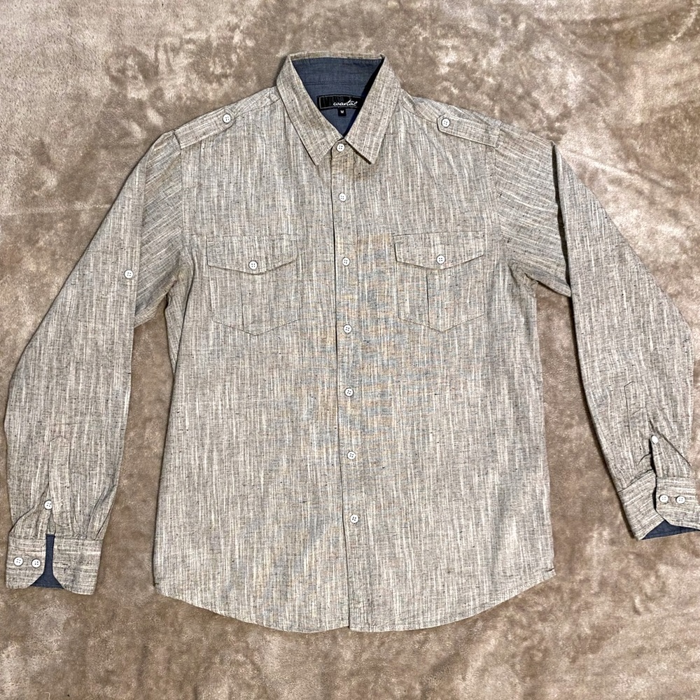Light Heather Gray Cotton Button Up Shirt w/ Multi-Colored Nep Specks